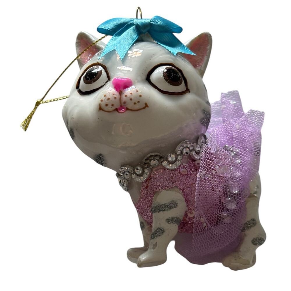 Robert Stanley Kitty Cat Glass Xmas Ornament Tutu Purple Pink Gray White Tabby - Picture 8 of 10